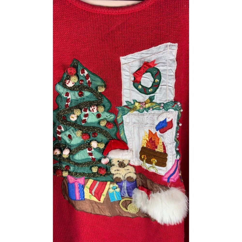Christmas Sweater Vintage 90s 3D Embroidered Tree Scene Red Large - Picture 4 of 9